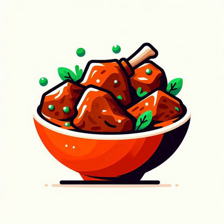 Curry in a bowl with vegetables and spices. Vector illustration.のイラスト素材