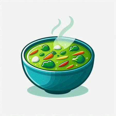 Cartoon vector illustration of a bowl of green curry soup with vegetablesのイラスト素材