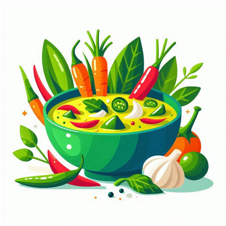 Thai soup in bowl with vegetables and herbs. Vector illustration.のイラスト素材