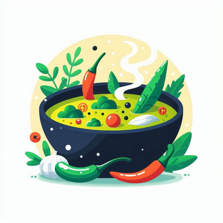 Spicy soup with chili pepper in bowl. Vector illustration in flat style.のイラスト素材