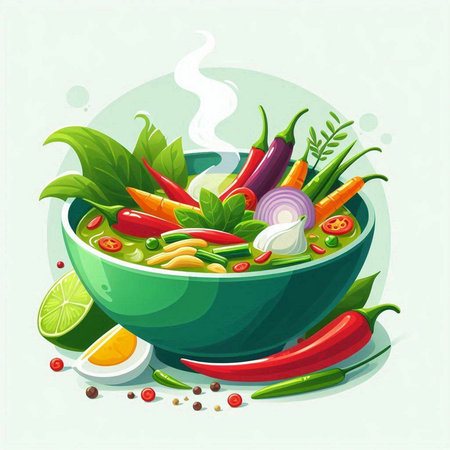 Vegetable soup in a bowl with herbs and spices. Vector illustration.のイラスト素材