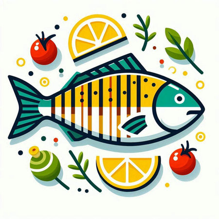 Fish with lemon and spices. Vector illustration in a flat style.のイラスト素材