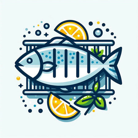 Fish with lemon and mint. Vector illustration in line art style.のイラスト素材