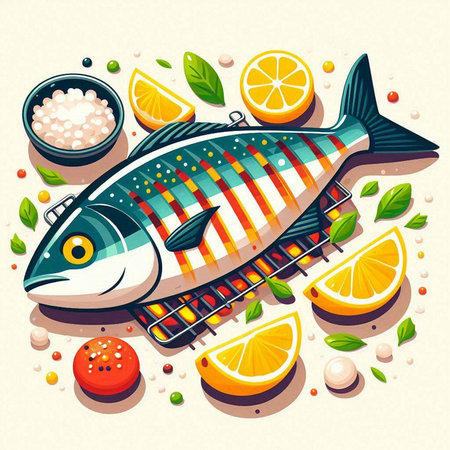 Fresh fish with lemon and spices on light background. Vector illustration.のイラスト素材