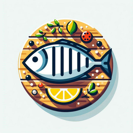 Fish menu design template. Seafood icon. Vector illustration in cartoon style.のイラスト素材