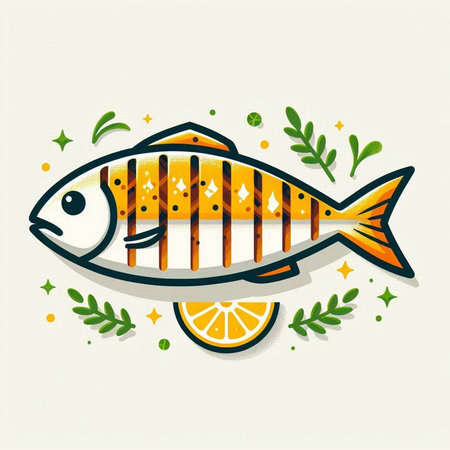 Vector illustration of fish with lemon on a colorful background. Fish icon.のイラスト素材