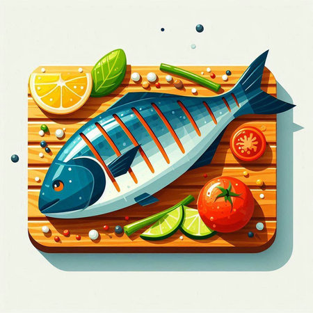 Fish with lemon and herbs. Vector illustration in flat linear style.のイラスト素材