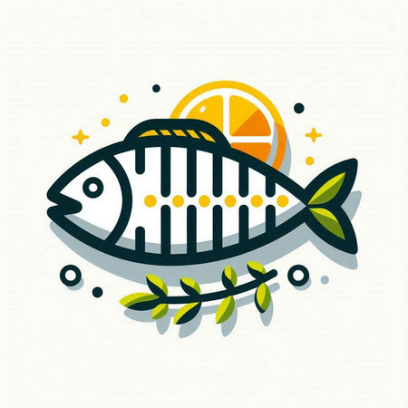 Fish and vegetables on wooden board. Vector illustration in cartoon style.のイラスト素材