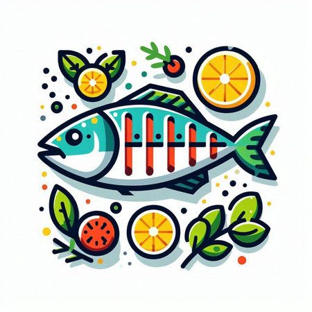 Colorful fish icon in flat line style. Isolated vector illustration.のイラスト素材