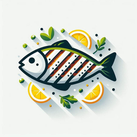 Fish with lemon and herbs on a white background. Vector illustration.のイラスト素材