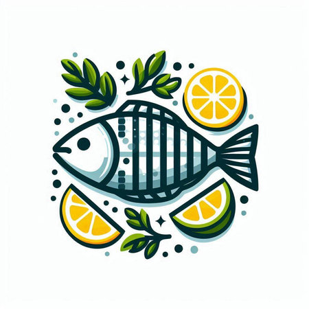 Vector illustration of fish with lemon and olive branch on white background.のイラスト素材