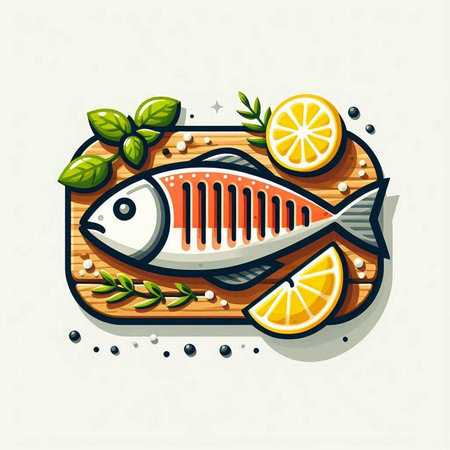 Fish with lemon and herbs on wooden cutting board. Vector illustration.のイラスト素材