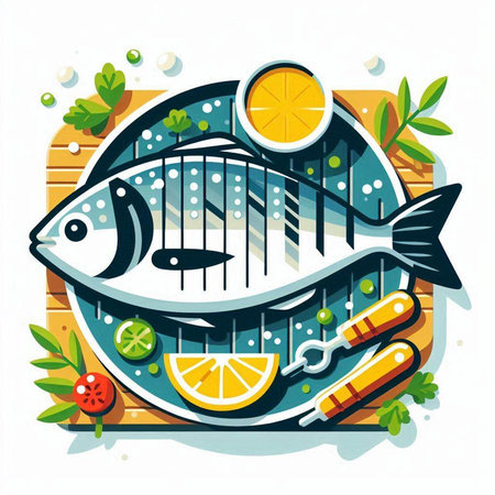 Fish with lemon and spices on a wooden background. Vector illustration.のイラスト素材