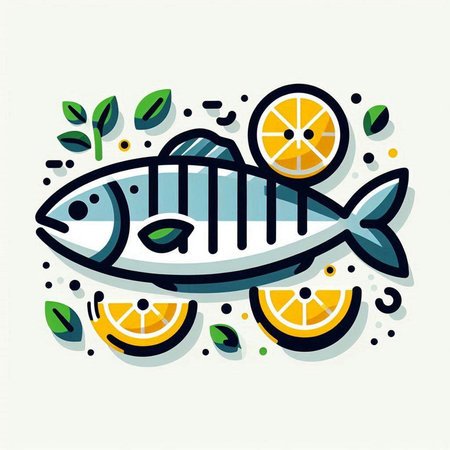 Fish and lemon icon in flat style. Vector illustration of fish with lemon.のイラスト素材