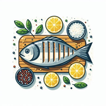 Fish with lemon, pepper, salt and herbs. Vector illustration.のイラスト素材