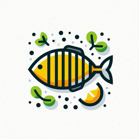 Fish with lemon and herbs on a light background. Vector illustration.のイラスト素材