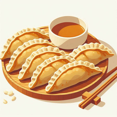 Vector illustration of fried dumplings with soy sauce and chopsticksのイラスト素材
