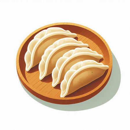 Illustration of dumplings on a wooden plate isolated on white backgroundのイラスト素材