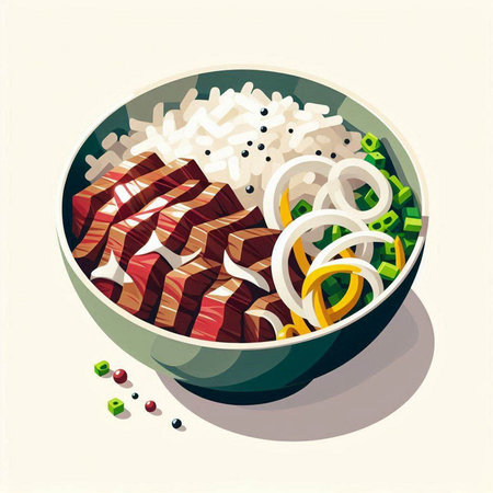 Rice bowl with beef and onion. Vector illustration in cartoon style.のイラスト素材