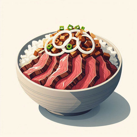 Illustration of a bowl of rice with beef, onions and carrotsのイラスト素材