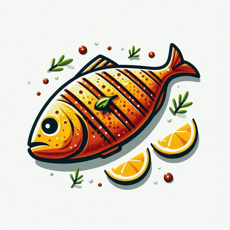 Fish with lemon, herbs and spices. Hand drawn vector illustration.のイラスト素材