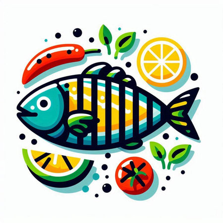 Fish with lemon and vegetables on a white background. Vector illustration.のイラスト素材