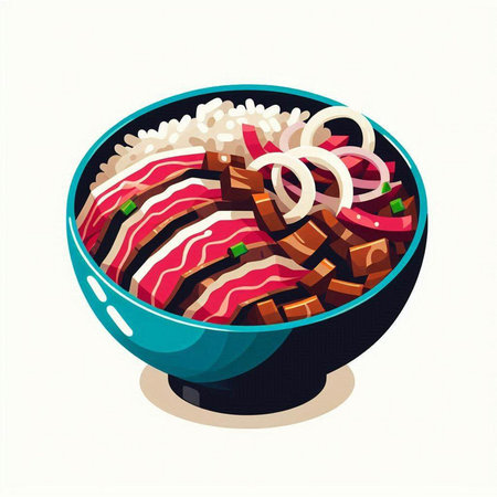 Illustration of a bowl of fresh raw beef on a white backgroundのイラスト素材