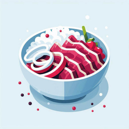 Illustration of a bowl of beef with rice, tomato and onionのイラスト素材