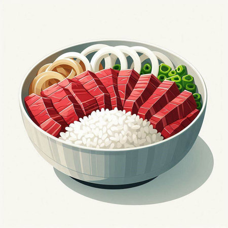 Illustration of a bowl of Japanese sashimi with rice and onionのイラスト素材