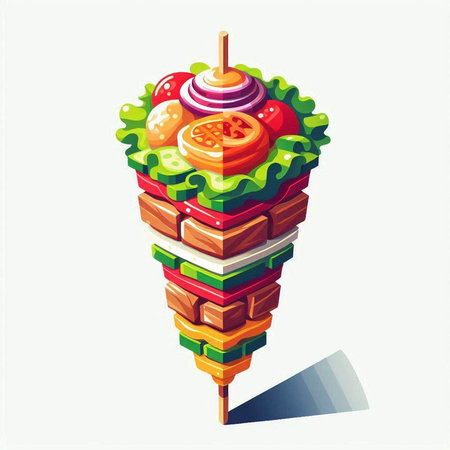 Vector illustration of a sandwich made of vegetables and meat on a stickのイラスト素材