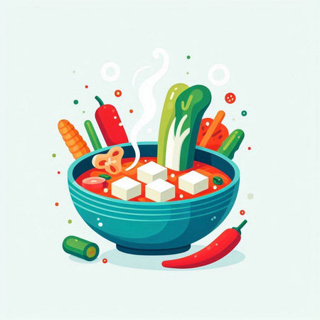Illustration of spicy soup in bowl with vegetables. Vector illustration.のイラスト素材