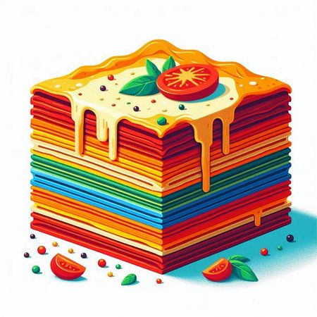 Piece of layered cake with tomato and cheese. Vector illustration.のイラスト素材
