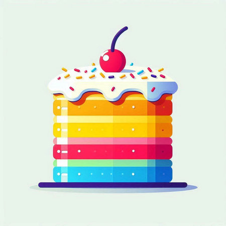 Rainbow cake with cherry on top. Vector illustration in flat styleのイラスト素材