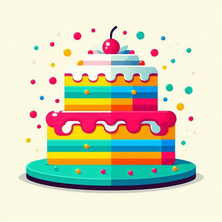 Illustration of a colorful birthday cake with cherries and sprinklesのイラスト素材