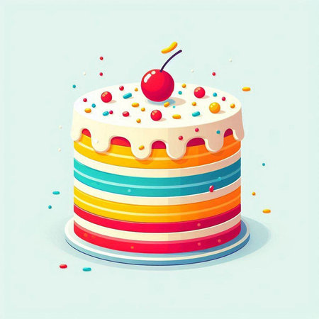 Colorful cake with cream and cherry on white background. Vector illustration.のイラスト素材
