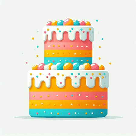 Colorful birthday cake with candies on white background. Vector illustration.のイラスト素材