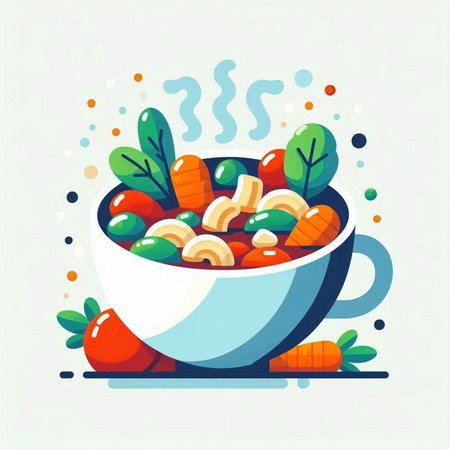 Vegetable soup with pasta in a bowl. Vector illustration.のイラスト素材
