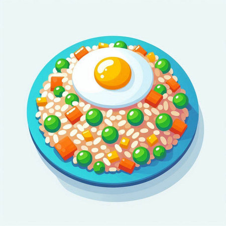 Fried egg with rice and vegetables. Vector illustration in cartoon style.のイラスト素材