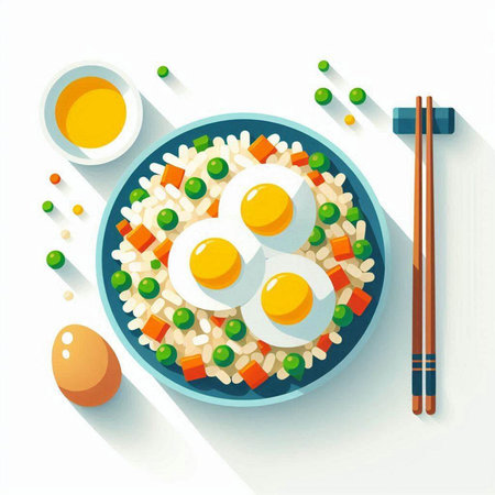 Rice with fried eggs and green peas in a blue plate with chopsticks. Vector illustration.のイラスト素材