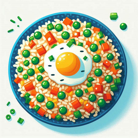 Illustration of a bowl of rice with fried egg and vegetables.のイラスト素材