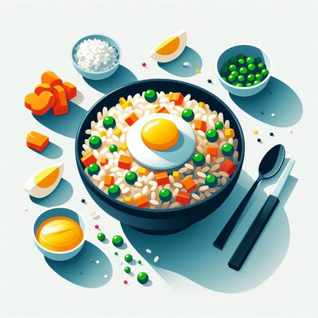 Rice with egg and vegetables in a bowl. Vector illustration.のイラスト素材