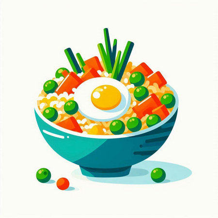 Bowl of rice with vegetables and fried egg, vector illustration.のイラスト素材