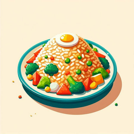 Fried rice with vegetables on a plate. Vector illustration of food.のイラスト素材