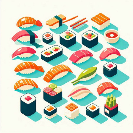 Japanese food isometric icons set with sushi and rolls isolated vector illustrationのイラスト素材