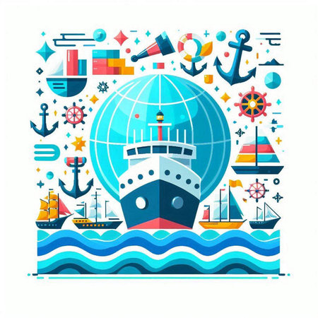 Vector illustration of a sea landscape with ships, boats and buildings.のイラスト素材