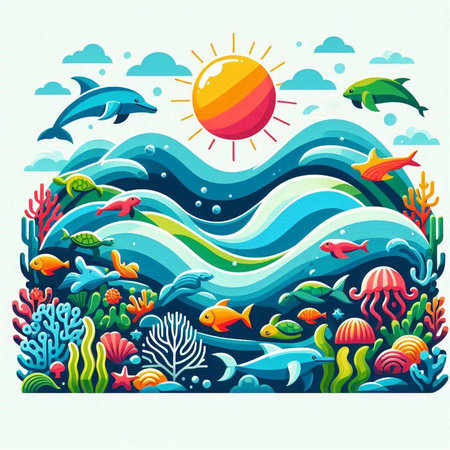 Underwater landscape with fish, sun and waves. Vector illustration.のイラスト素材