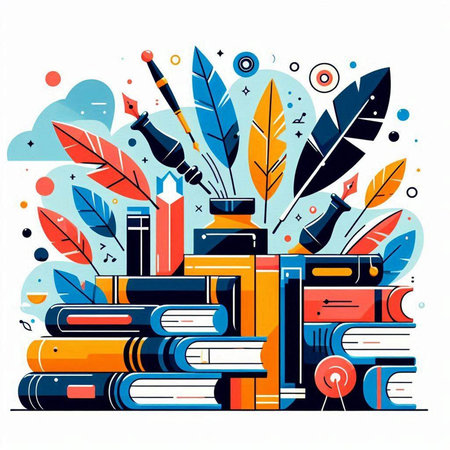 Vector illustration of books and fountain pen. Education and learning concept.のイラスト素材