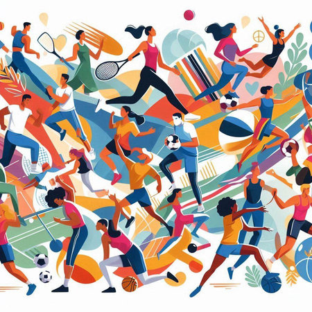 Seamless pattern with people playing tennis, tennis, baseball, badminton, tennis, tennis, badminton. Vector illustrationのイラスト素材