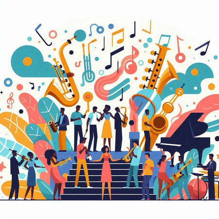 Musical instruments vector illustration. Group of people playing on saxophone, flute, trumpet, saxophone, piano, tambourine, saxophone, clarinet, violin, saxophone, trumpet.のイラスト素材