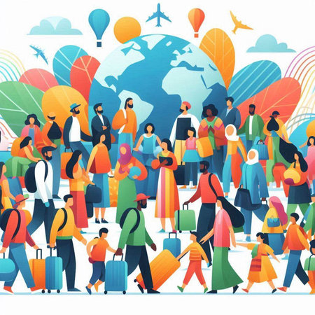 People Traveling Around the World. People with Luggage, Airplane, Globe, Airplane, Airplane. Vector Illustrationのイラスト素材